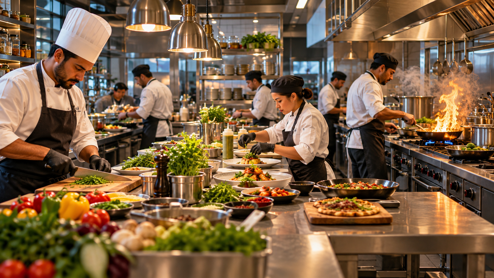 Chefs working together in a busy professional kitchen