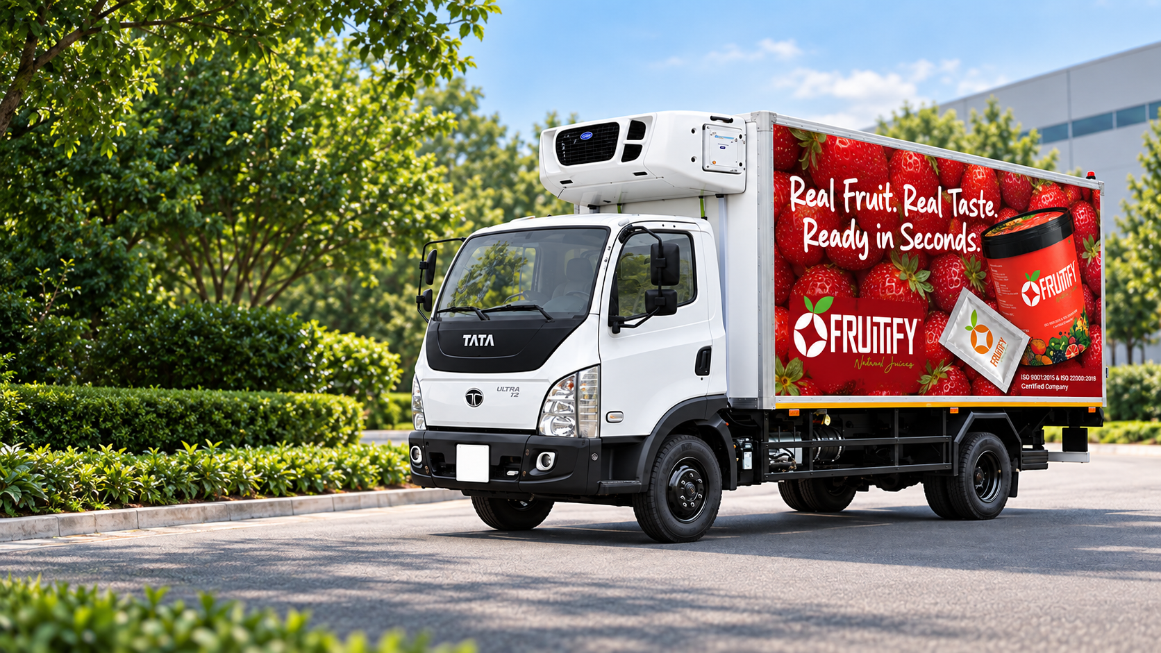 Refrigerated delivery truck with Fruitify strawberry product artwork — concept visual