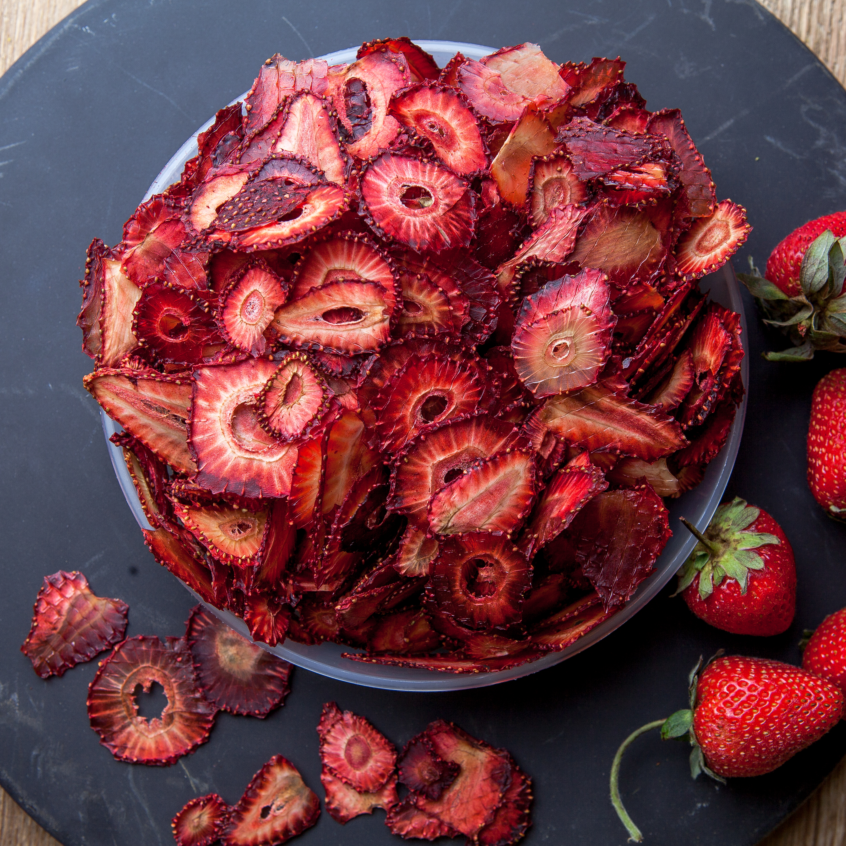 Dried strawberry slices on a plate