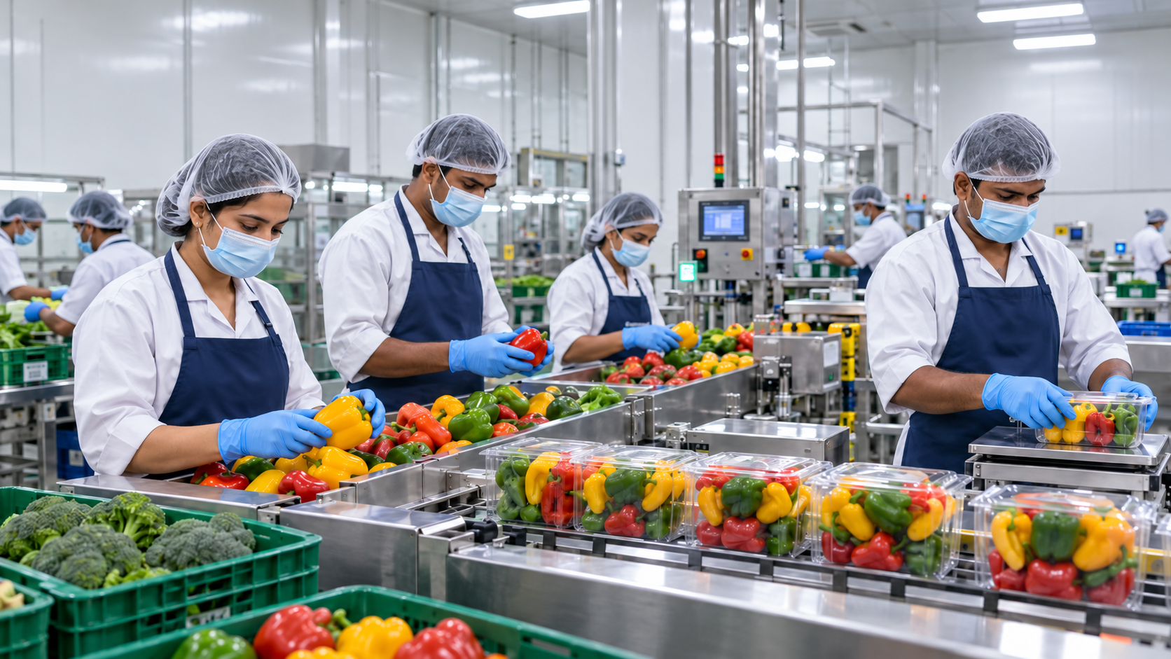 Food processing team preparing and packing fresh vegetables